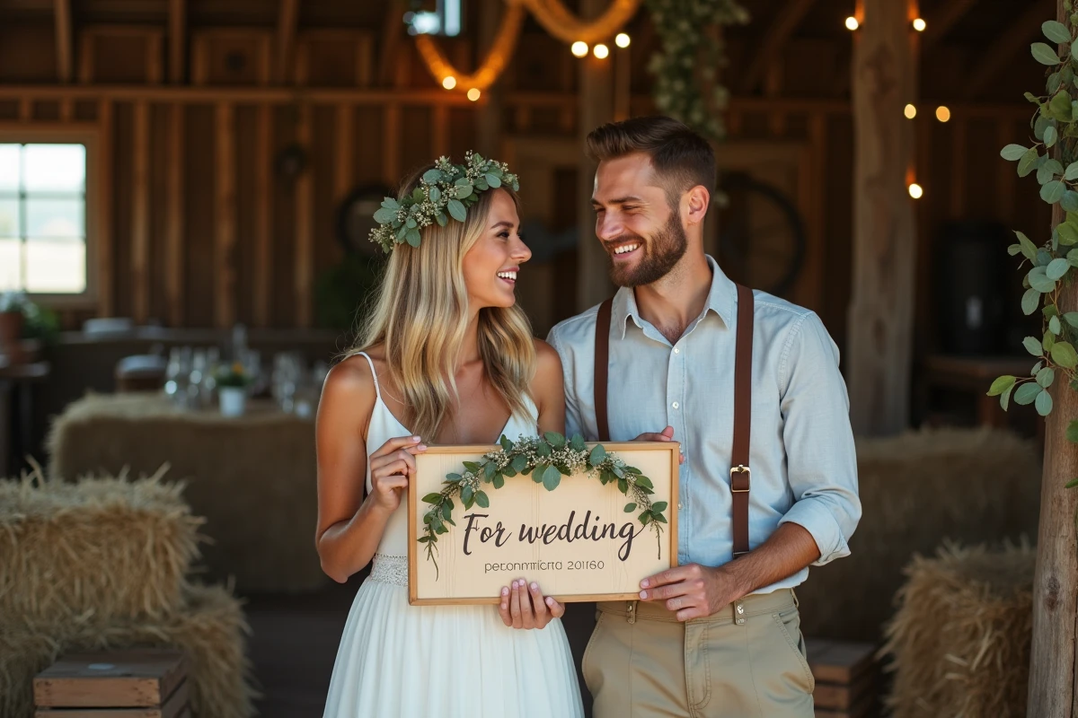 Jeune couple riant dans une grange rustique décorée
