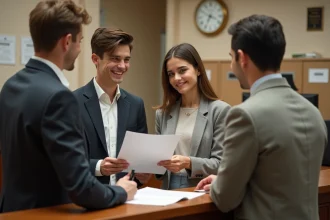 Jeune couple signe documents mariage à la mairie