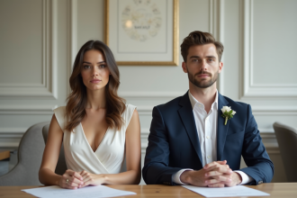 Jeune couple en tenue de mariage lors de la signature