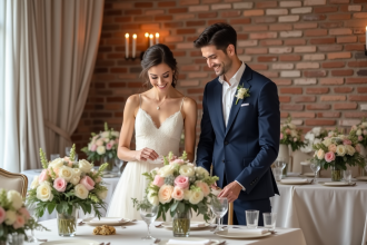 Jeune couple souriant lors d'une réception de mariage élégante