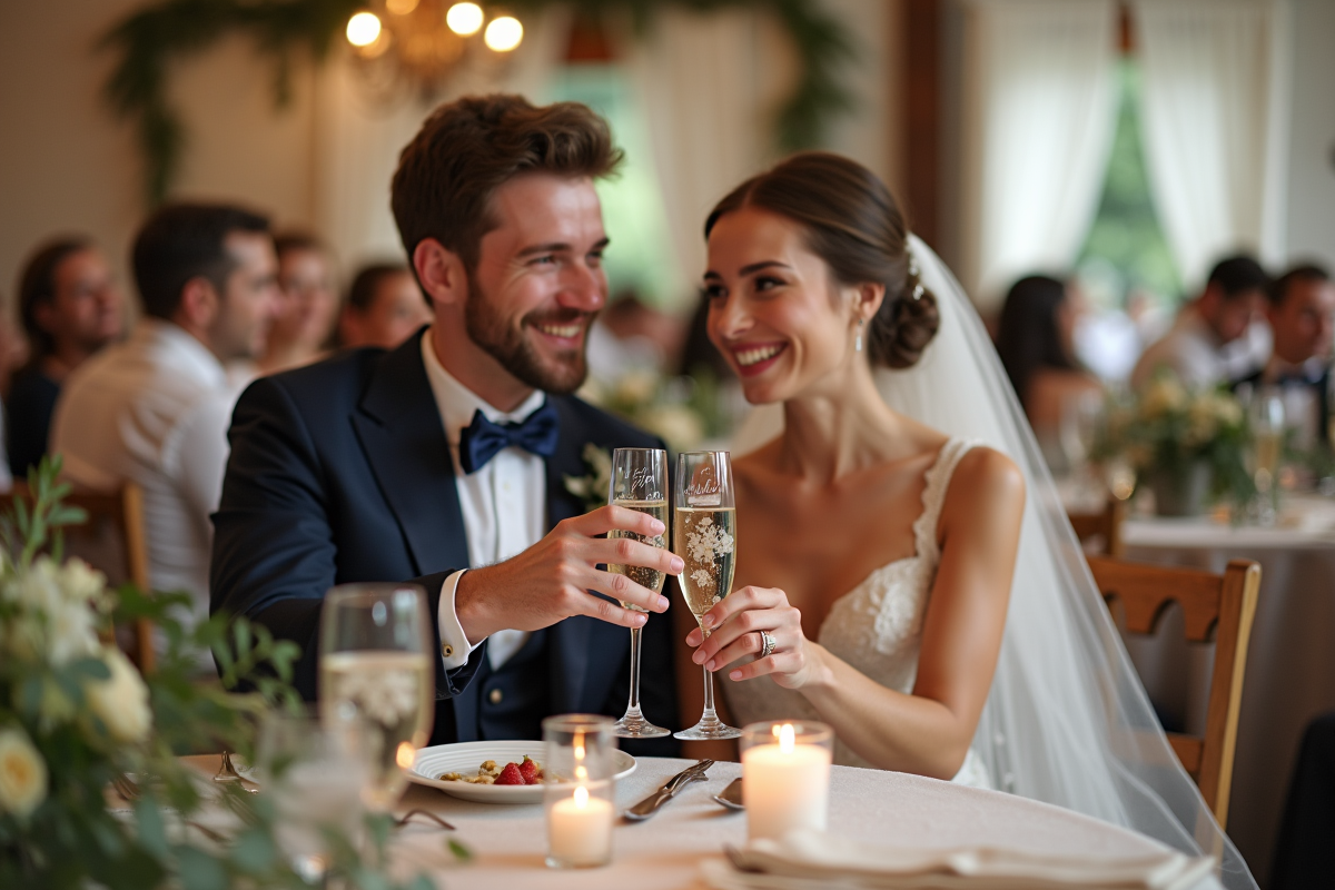Jeune couple de mariés souriants à la réception élégante