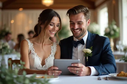 Jeune couple souriant choisissant des chansons pour leur mariage