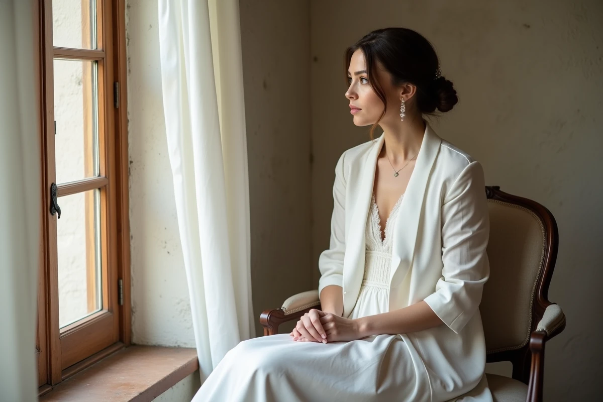 Bride en robe minimaliste assise près d une fenêtre vintage