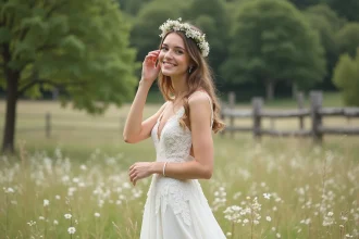Jeune femme en robe de mariage bohème dans un champ en été