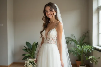 Jeune femme souriante en robe de mariée simple et voile