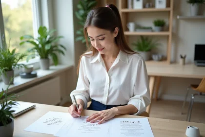 Jeune femme en bureau planifiant mariage avec citations