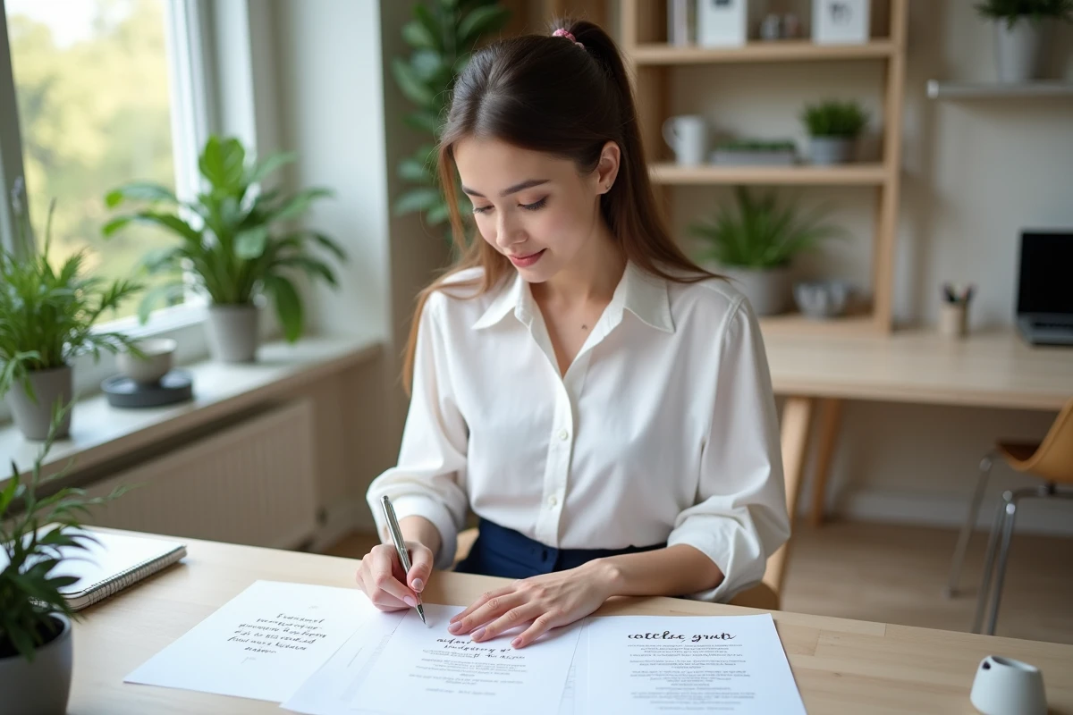 Jeune femme en bureau planifiant mariage avec citations