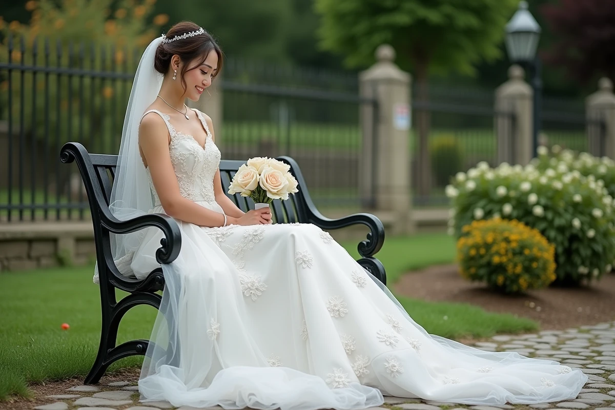 Jeune mariée assise dans un jardin avec robe florale