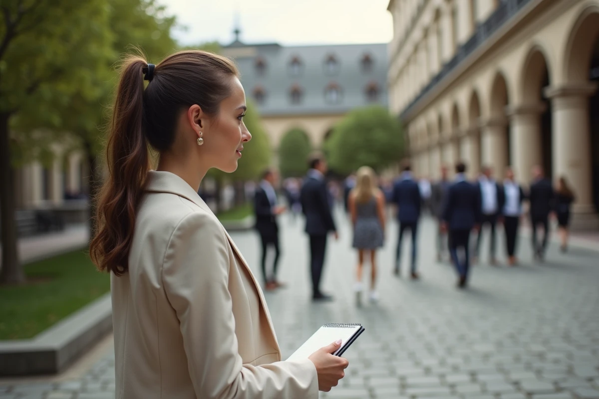 Jeune journaliste observant une scène urbaine animée