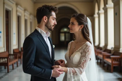 Jeune couple de mariés dans un couloir de mairie