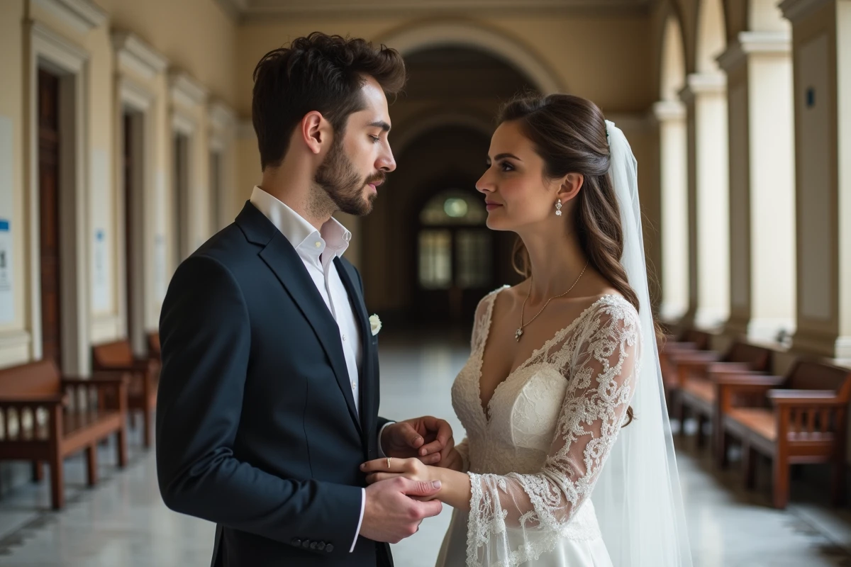 Jeune couple de mariés dans un couloir de mairie