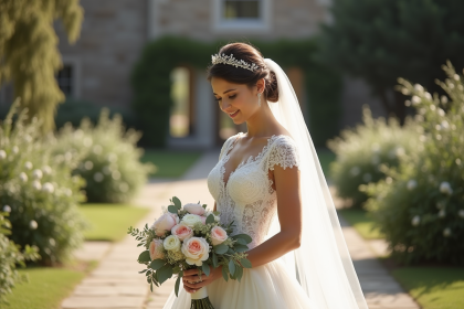Jeune mariée en robe de dentelle blanche avec bouquet de fleurs