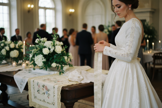Jeune mariée ajustant un ruban en soie sur sa robe de mariage