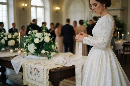 Jeune mariée ajustant un ruban en soie sur sa robe de mariage