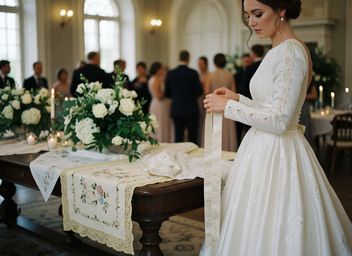 Jeune mariée ajustant un ruban en soie sur sa robe de mariage