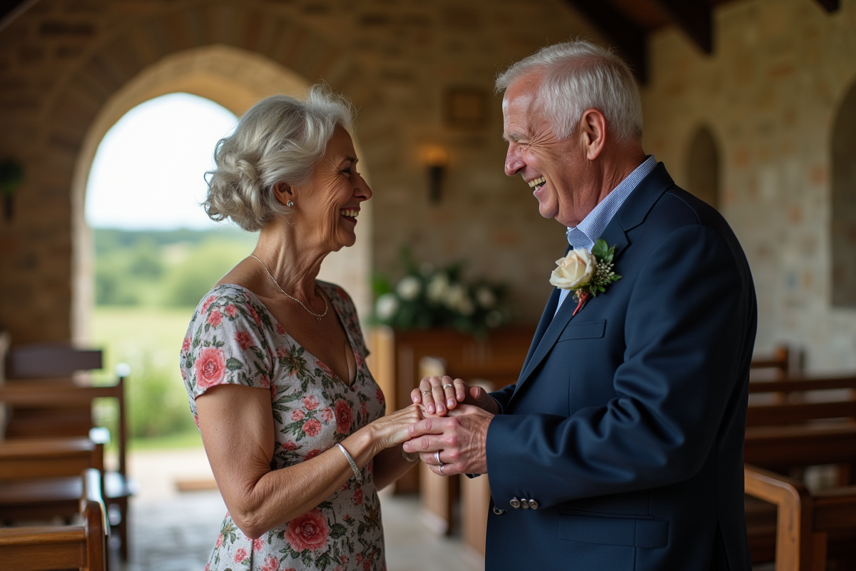 Vieux couple renouvelant leurs vœux dans une chapelle