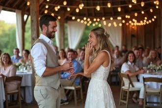 Couple de mariés jouant à un jeu animé lors d'une réception de mariage champêtre avec des invités souriants autour d'eux