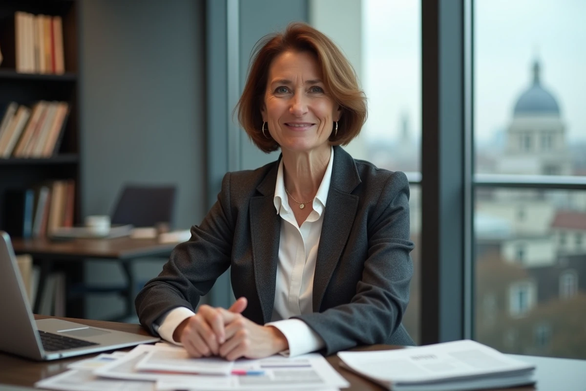 Journaliste parisienne à son bureau avec des coupures de presse, évoquant l'intérêt médiatique pour un mariage médiatisé