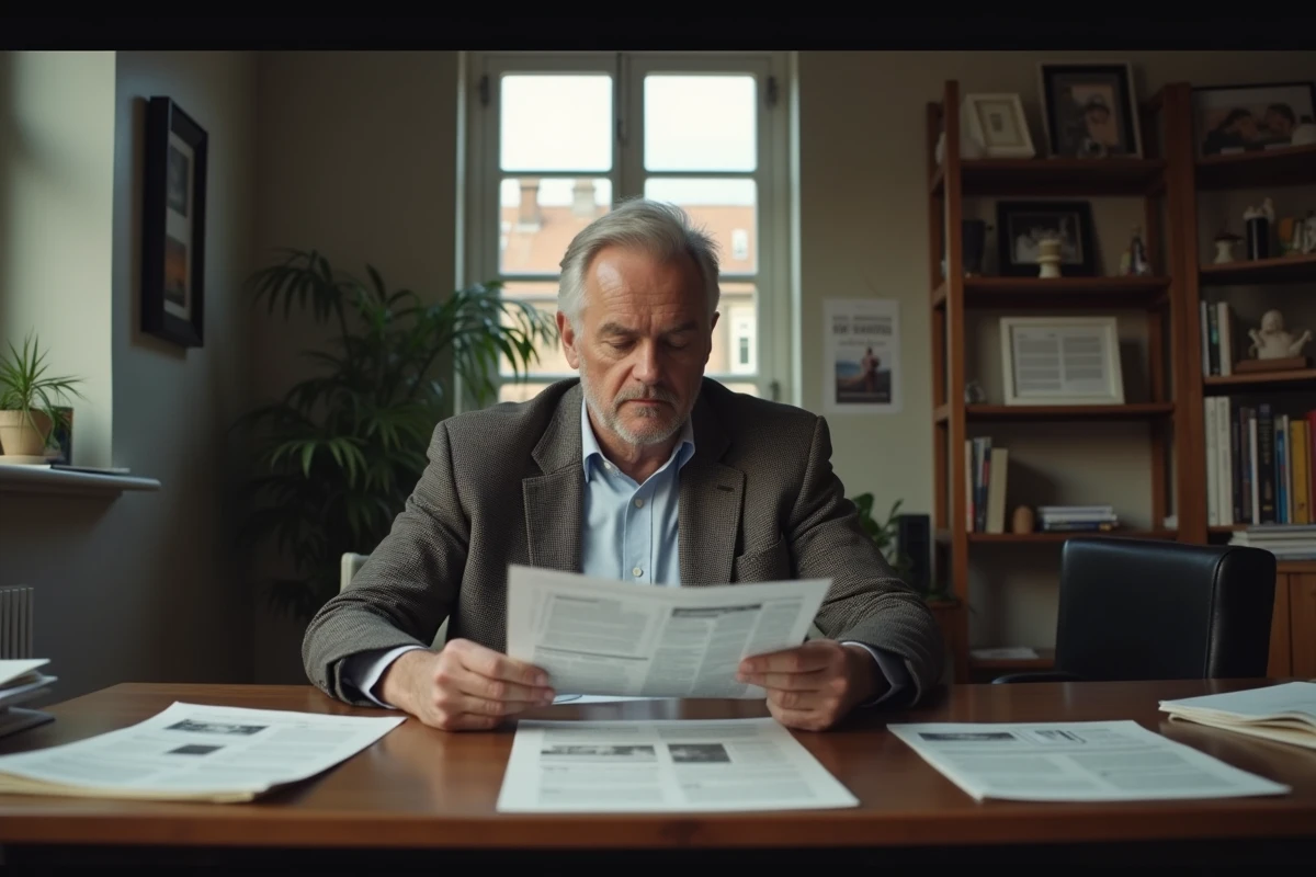 Journaliste âgé analysant des articles dans un bureau