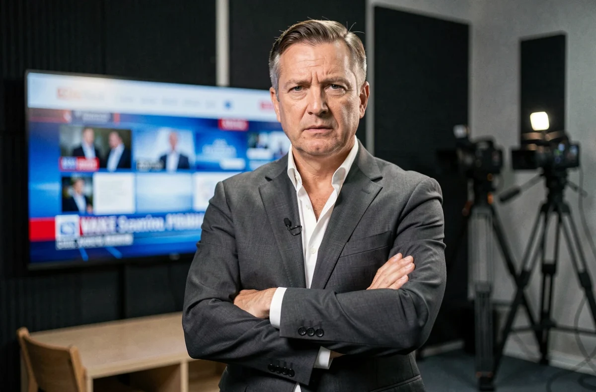 Journaliste de télévision dans un studio de presse, évoquant les questions d'exposition médiatique et de vie privée des figures publiques