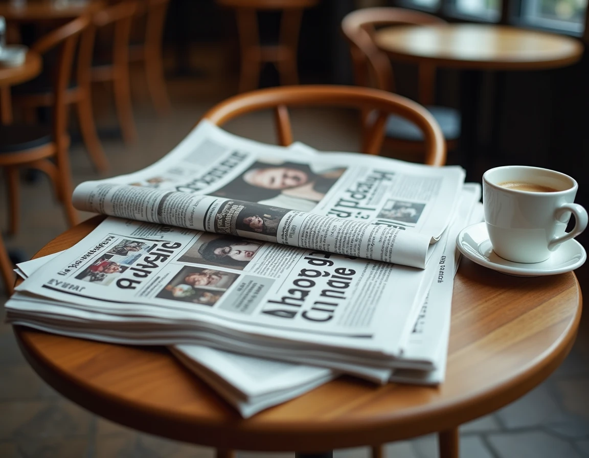 Journaux papier ouverts sur une table de café parisien, symbolisant la désinformation et la circulation de fausses informations dans la presse