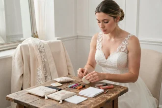 Mariée en robe de dentelle blanche préparant un kit de survie DIY avec accessoires de mariage sur une table en bois