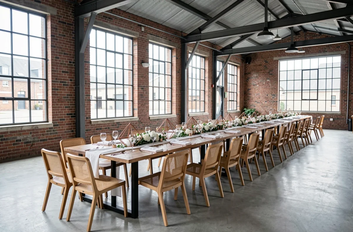 Le Carré du Hélin, salle de réception de mariage style industriel avec briques apparentes et décoration contemporaine