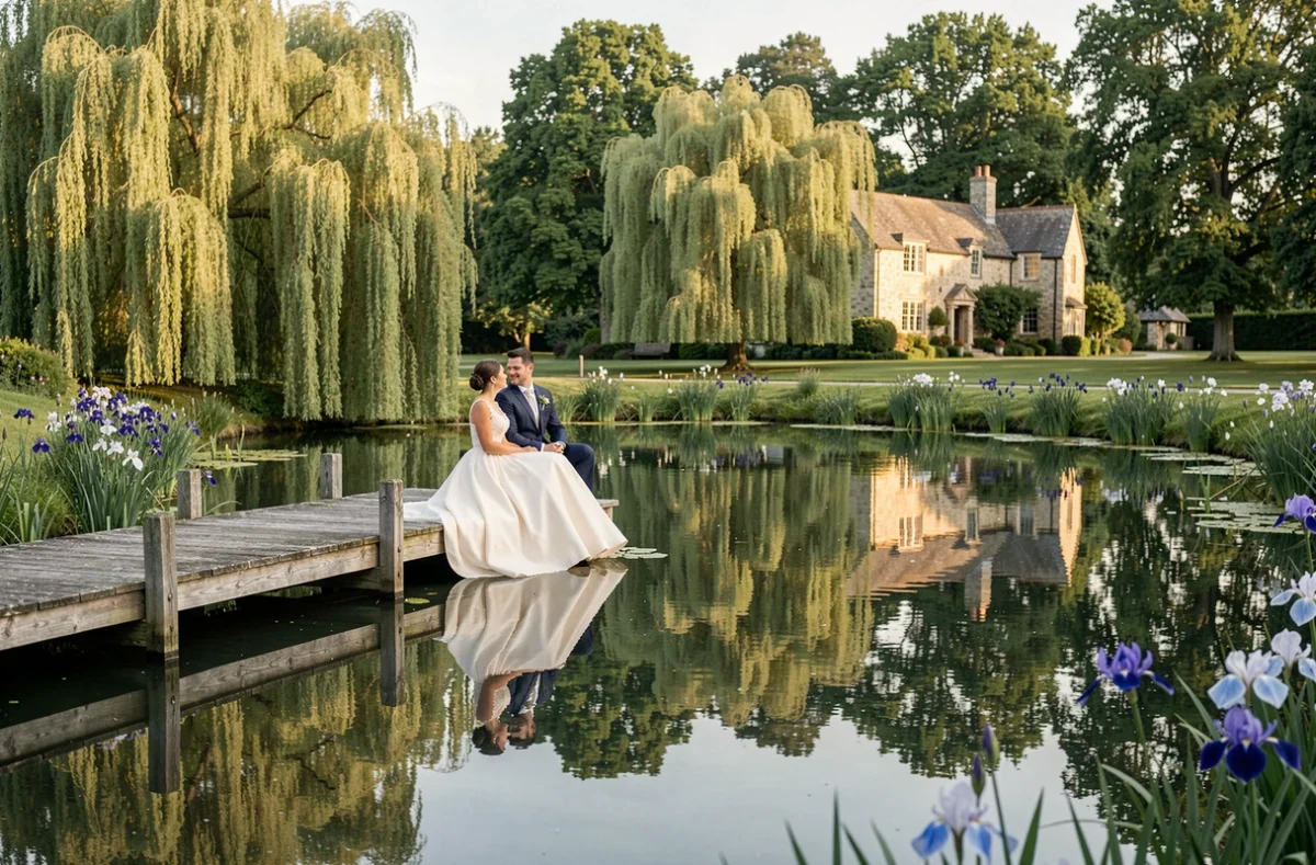 Le Clos de la Source, couple de mariés sur un ponton au bord d'un étang naturel entouré de saules pleureurs