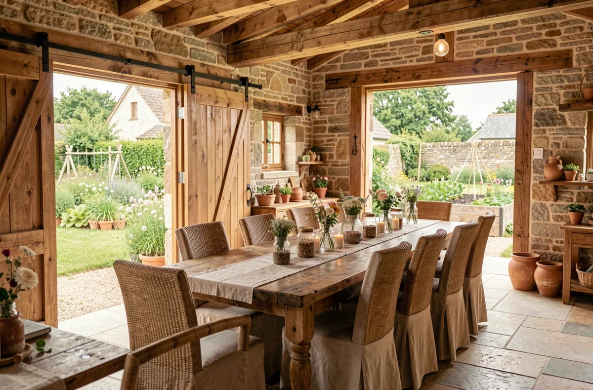 Les Logis de Kerdrien dans le Morbihan, longère bretonne rustique avec salle de mariage en pierre et poutres apparentes