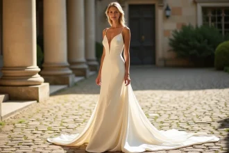 Femme élégante en longue robe de soirée satin ivoire dans la cour d'un château pour un mariage