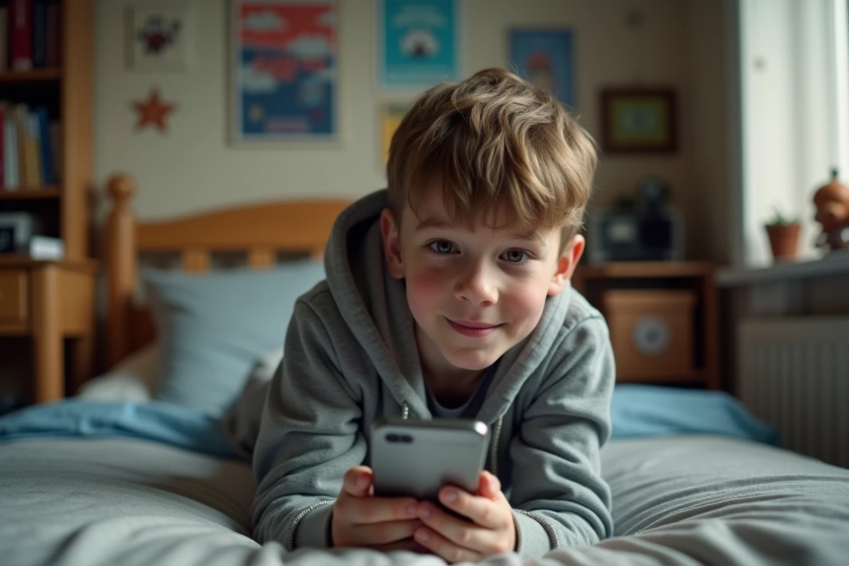 Adolescent souriant allongé sur son lit en train de faire un love test de compatibilité par prénom sur son téléphone