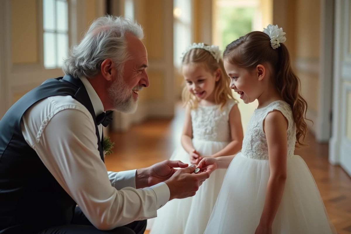 Magicien de mariage réalisant un tour de pièce pour deux petites demoiselles d'honneur émerveillées dans un couloir de salle de réception