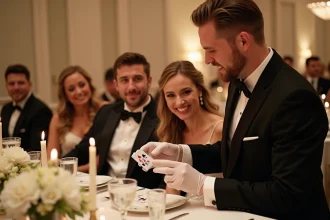Magicien en smoking réalisant un tour de cartes pour des mariés émerveillés lors d'une réception de mariage élégante