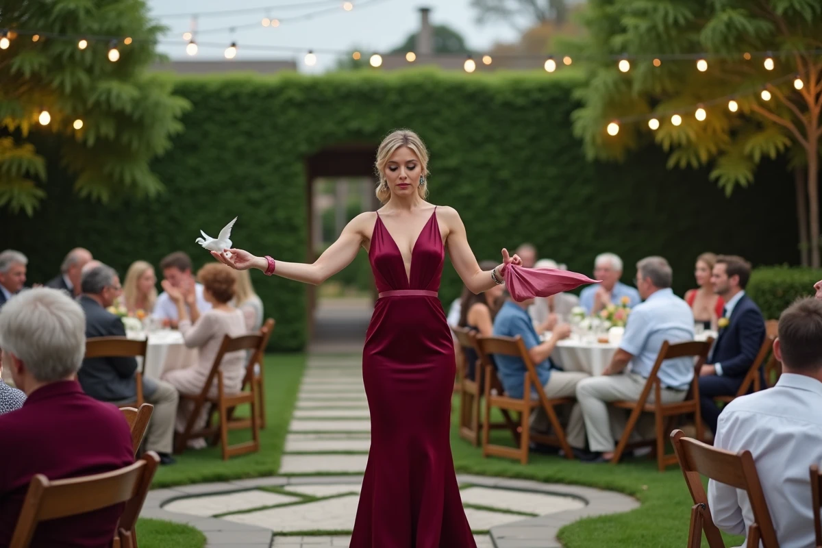Magicienne en robe bordeaux faisant apparaître une colombe lors d'un mariage en plein air dans un jardin fleuri
