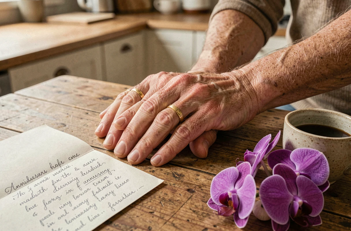 Mains de couple âgé avec alliances en or et carte manuscrite pour 55 ans de mariage noces d'orchidée