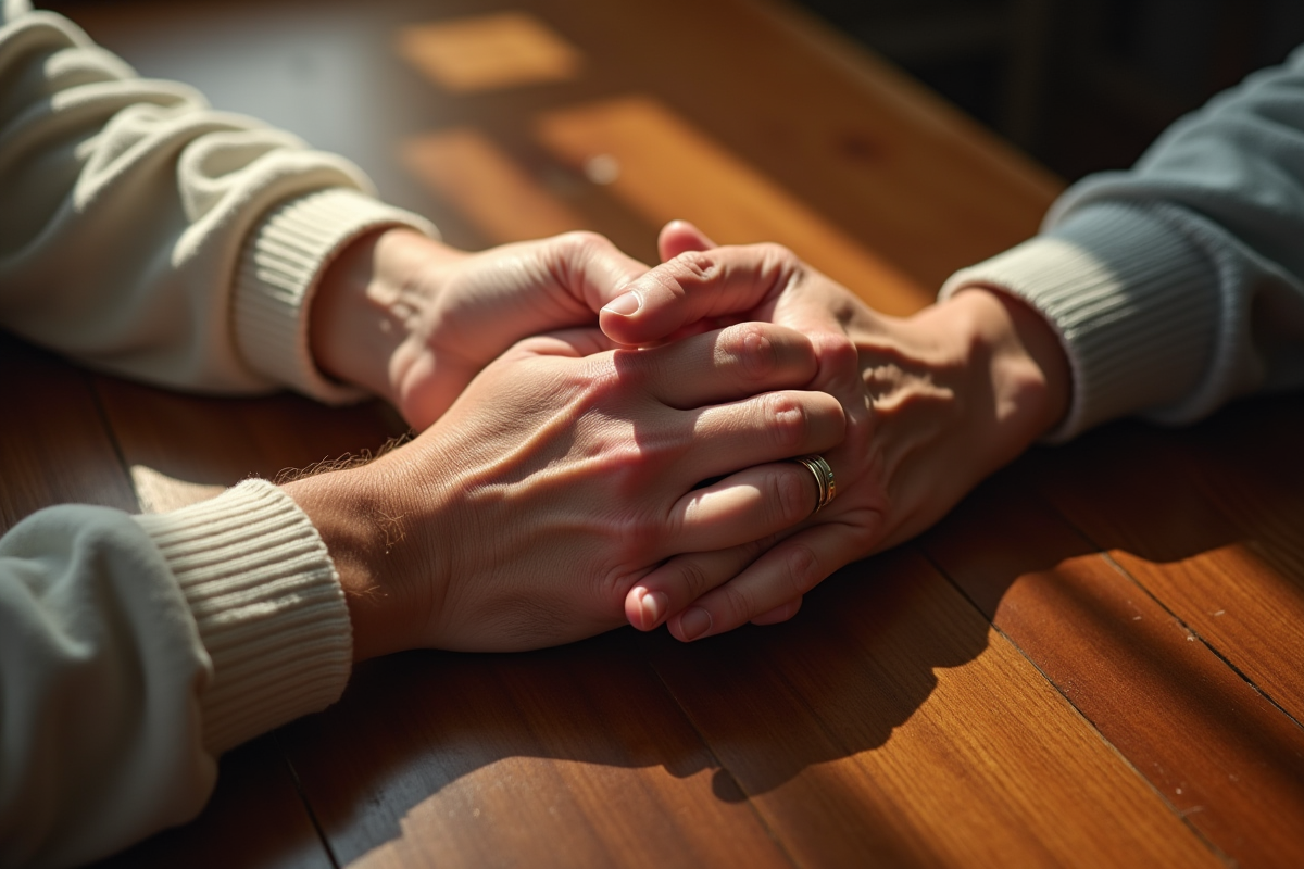 Mains ridées avec anneaux de mariage sur une table en bois
