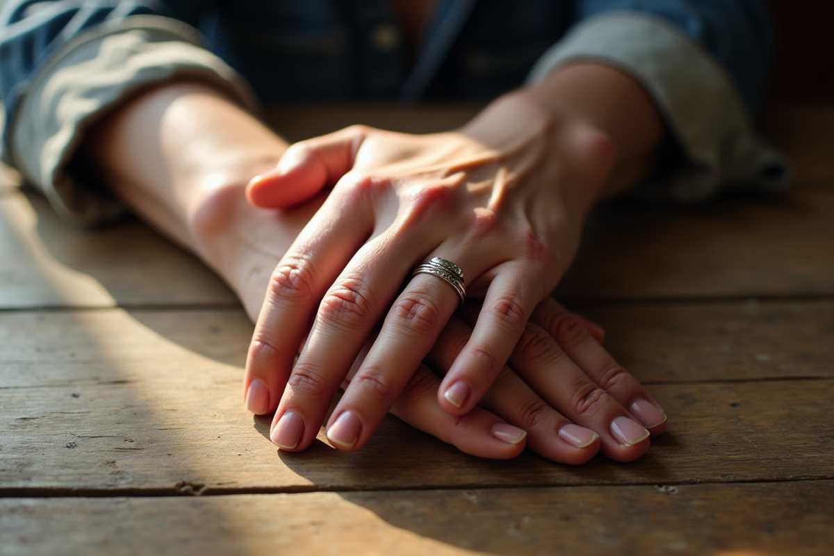 Mains ridées entrelacees avec bagues de mariage sur table