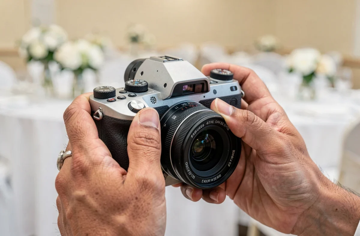 Gros plan sur les mains d'un photographe tenant son appareil photo professionnel lors d'une réception de mariage