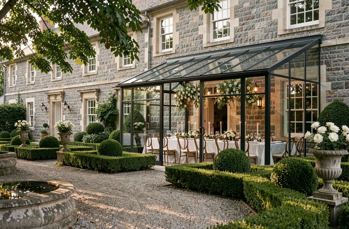 Le Manoir d'Alexandre dans le Morbihan, orangerie élégante avec décoration florale suspendue pour un dîner de mariage