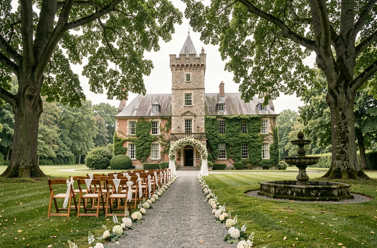 Manoir de Randrecard dans le Morbihan, allée fleurie pour cérémonie de mariage devant le manoir historique en pierre