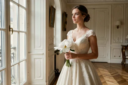 Femme élégante en robe de mariée ivoire debout près d'une fenêtre dans un appartement parisien, illustrant les spéculations autour du mariage d'Anne-Charlène Bezzina