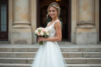 Jeune mariée souriante en robe courte à Paris