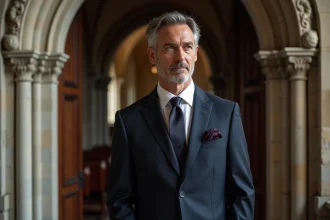 Homme en costume sombre près d'une église historique au Québec, dans un contexte de cérémonie de mariage