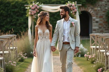 Jeune couple en mariage champêtre avec arche de roses