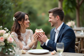 Jeune couple de mariés échangeant un cadeau lors de la réception
