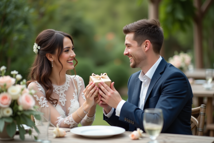 Jeune couple de mariés échangeant un cadeau lors de la réception