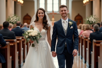 Jeune couple de mariés souriants dans une église élégante