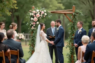 Jeune couple souriant sous un arc fleuri lors d’un mariage en extérieur