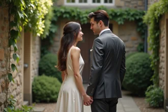 Couple élégant de dos dans une cour en pierre lors d'un mariage discret et intime