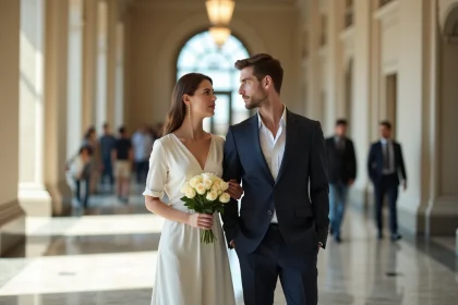 Couple en tenue élégante dans un couloir de mairie évoquant une cérémonie de mariage discrète et intrigante